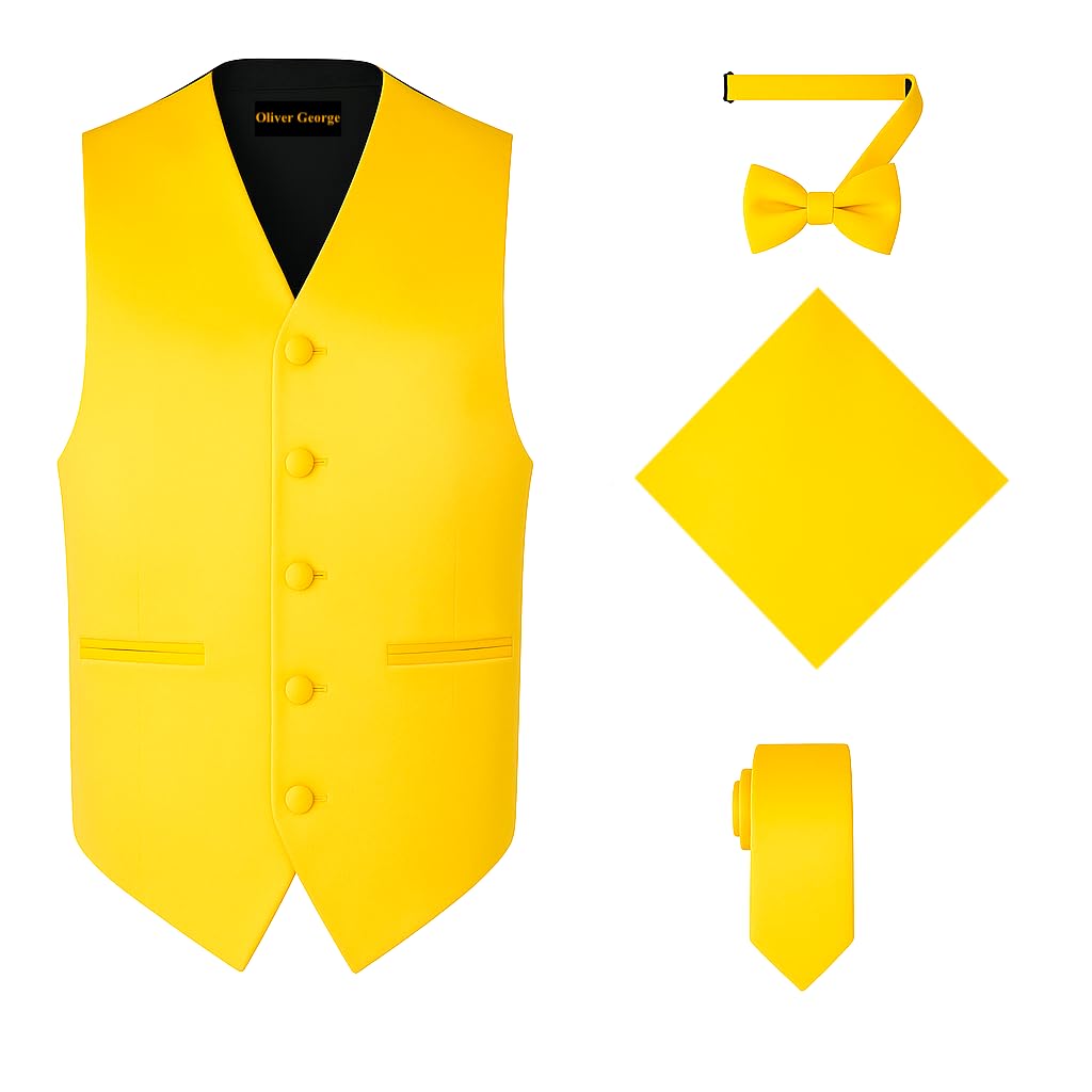 Oliver George 4pc Men's Solid Formal Suit Waistcoat Tuxedo Dress Vest Necktie Bowtie Handkerchief Set for Suit or Tuxedo, Yellow Gold, XXXXL