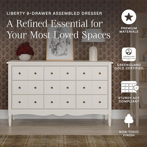 Image of Namesake Liberty 9-Drawer Wide Assembled Dresser (56 inch) with 9+ inch Drawer Extension in Warm White, Greenguard Gold Certified, Smooth Glide, Adult and Child Nursery Dresser, Vintage /Apothecary Design