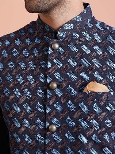 Image of KISAH Men Navy Blue Printed Nehru Jacket Ethnic Festive Waistcoat Cotton, Regular Fit