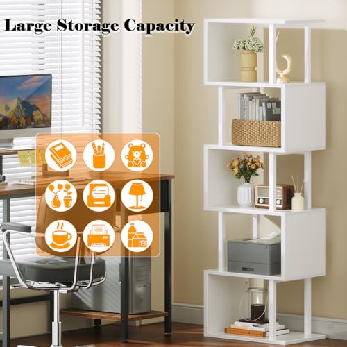 Image of Furologee White Geometric Bookshelf 6 Tier S-Shaped Bookcase, Tall Modern Display Storage Shelf, Metal and Wood Decorative Freestanding Room Divider Shelves for Bedroom, Living Room, Office