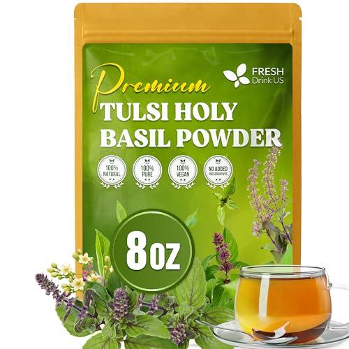 Image of FreshDrinkUS, Premium 8oz Tulsi Leaves Powder, 100% Natural & Pure, Herbal Tea, No Sugar, No Caffeine, No Gluten, Vegan.