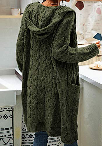 Image of Women Hooded Open Front Cardigan Cable Knit Chunky Long Sweater Coats | solid color, cable knit ,long duster cardigan,chunky coatigan,winter ,falll ,side pockets