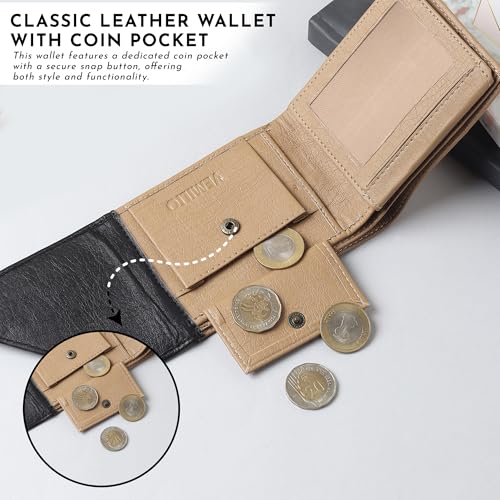 Image of VEMILIO Men's Vegan Leather Wallet for Men | Edge Cut Slim Bi-Fold Gents Purse | Stylish Wallet with Coin Pocket | 3 Card Slots | ID Window & 2 Currency Compartments (Beige & Black)