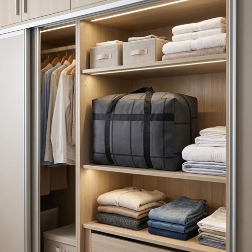 Image of Storage Bag with Zipper & Handles - Foldable Blanket & Pillow Organizer | Non-Woven Clothes Storage Bag for Quilt, Comforter, Bedding & Winter Clothes (44L - 55 x 23 x 35 cm)