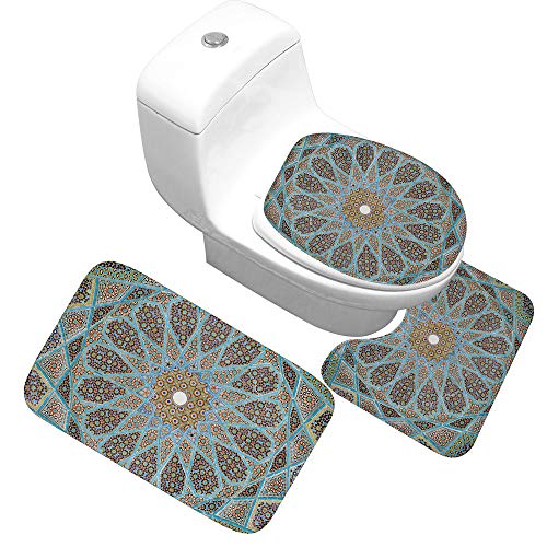 Badematten Set,Badematten Teppich-Set 3-Teiliges Böhmisches Blaues Mandala 3D-Druck Rutschfeste Badematten Weiche…