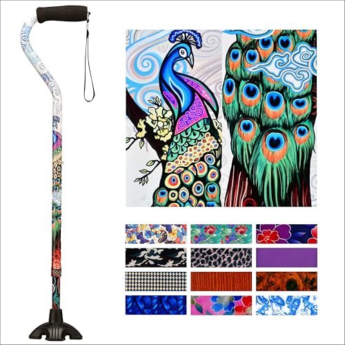 Nova Joy Designer Offset Quad Cane for Seniors - Unisex Adjustable Lightweight Walking Aid with Foam Handle, Wrist Strap and Anti-Rattle Lock - Essential Mobility Support - Proud Peacock