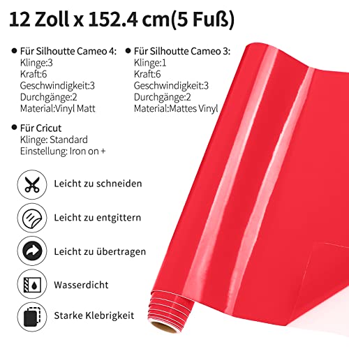 Glänzend Rot Plotterfolie Vinyl, 30,5 x 152,4 cm Vinylfolie Plotter, Rot Plotterfolie Selbstklebend für DIY-Geschenke, Tasse, Fenster, Keramik, Kunststoff