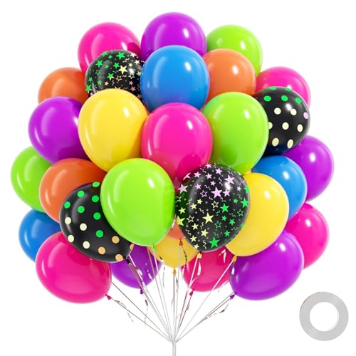 Image of 60pcs Neon Balloons 12inch, Yellow Hot Pink Lime Green Orange Blue Purple Rainbow Balloons for 80s 90s Neon Birthday Party Decorations