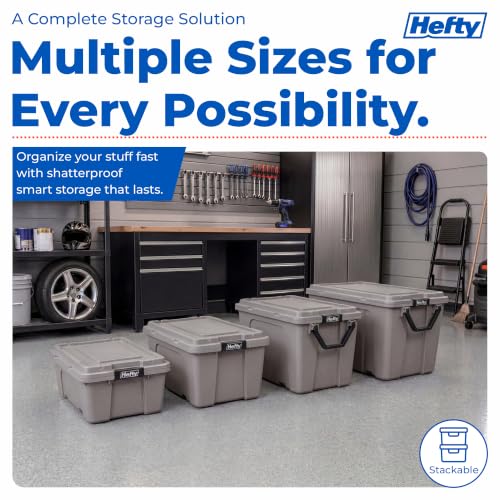 Image of Hefty 18 Gallon Storage Bin with Lid, Heavy Duty Plastic Storage Container Stackable Tote for Garage Closet Home Organization, Large Storage Bin, 6 Pack, Grey