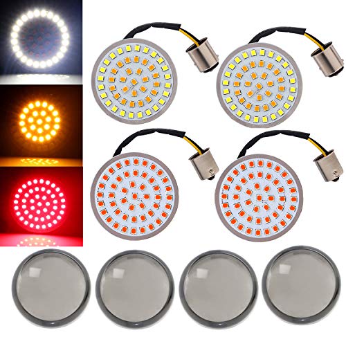Pair 1157 White/Amber+ Pair 1156 Red LED Turn Signal Light Inserts+ 2 Pairs Smoke Lens Covers Set for Harley Sportster Dyna Softail