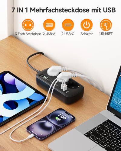 3-Fach Steckdose mit Überspannungsschutz Mehrfachsteckdose 4 USB – Ansicht 2