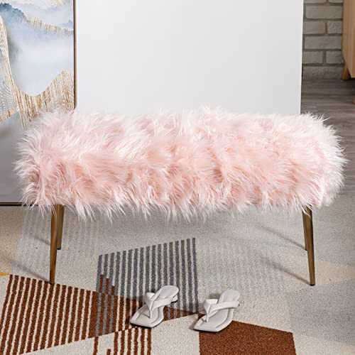 Chairus Faux Fur Entryway Bench Small Shaggy Furry Ottoman Bench For Bedroom Living Room, Pink #TOP1