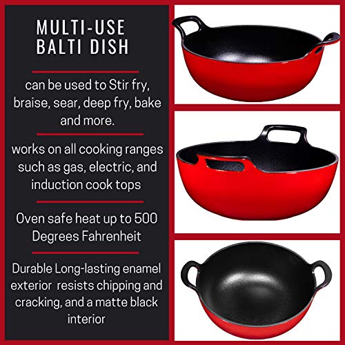 Enameled Cast Iron Balti Dish With Wide Loop Handles, 5 Quart, Fire Red - Thumbnail 3