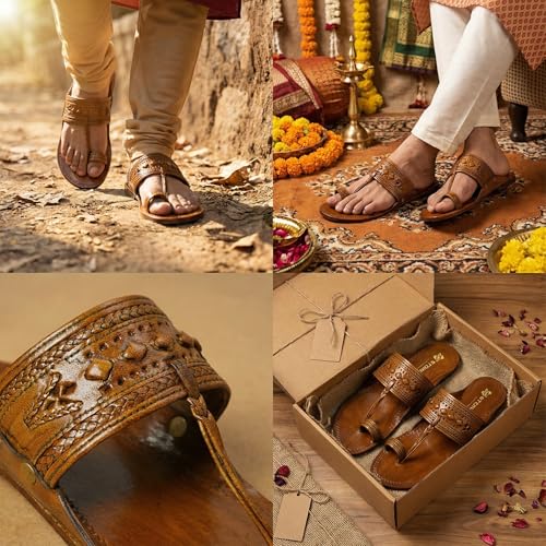 Image of Kolhapuri Chappal for Men Original, Pure Leather Handcrafted Traditional Kolhapuri Chappal for Man Formal Footwear for Weddings & Parties, Ethnic Wear & Daily Comfort