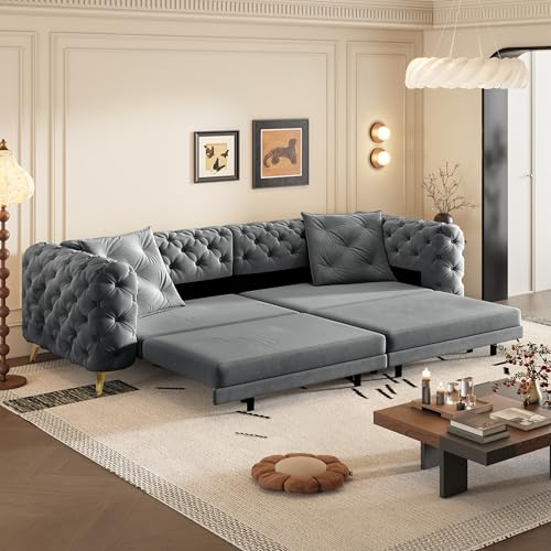 Image of KEIKI 97.7 inch Convertible Sleeper Sofa Bed, 3 in 1 Pull Out Sofa Bed, 4-Seater Button Tufted Couch with Movable Ottoman for Living Room, Bedroom, Apartment, Dark Grey