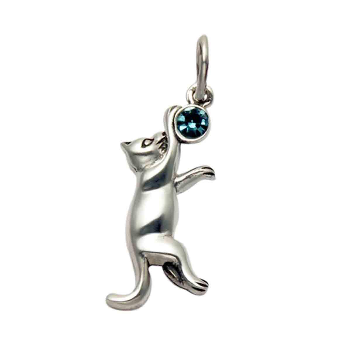 Wild Things Sterling Silver Jumping Cat Pendant w/Faceted Blue Crystal Stone