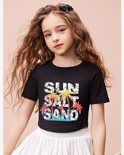 Image of DDSOL Girls Crop Tops Summer Palm Tree Sunset Beach Shirt Hawaii Short Sleeve Tropical Tshirts for Teen Girl 6-14 Years