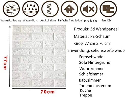 Pannelli adesivi, da parete, 77 cm x 70 cm X 2 mm,10 pezzi, bianco, autoadesivi, 3D, adesivi murali, mattone, impermeabile, in PVC, per camera da letto, soggiorno, cucina, ufficio