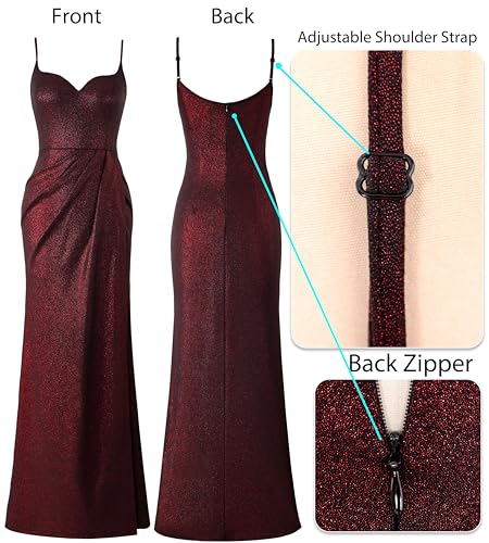 Image of VFSHOW Womens Sexy Formal Ruched Fitted High Slit Bodycon Maxi Dress Spaghetti Strap Sweetheart Cocktail Prom Evening Gown