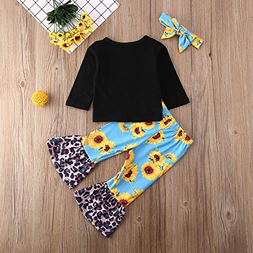Newborn Infant Baby Girls Clothes Ruffle Long Sleeve Solid T-Shirt Tops+Cheetah Pants Autumn Clothes Outfits (Black 16, 1-2 T)