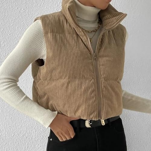 Women's Zip Up Corduroy Puffer Vest Sleeveless Cropped Vest Stand Collar Cropped Jackets Gilet2