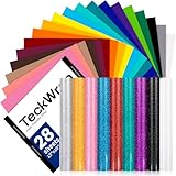 TECKWRAP HTV Vinyl Bundle Heat Transfer Vinyl 12'x10' - 28 Assorted Colors Iron on Vinyl Pack Includes 19 Sheets PU Vinyl & 9 Sheets Glitter Vinyl, Heat Press Design for DIY T-Shirts and other Fabrics