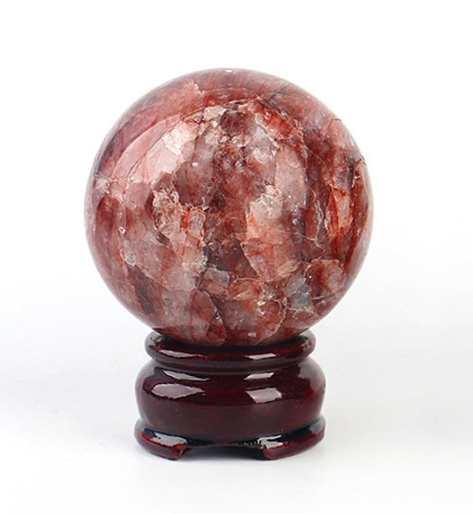 DPURPIWADY Red Gum Flower Crystal Ball with Wooden Base Quartz Gemstone Sphere for Divination Fengshui Home Office Decor,70~75mm