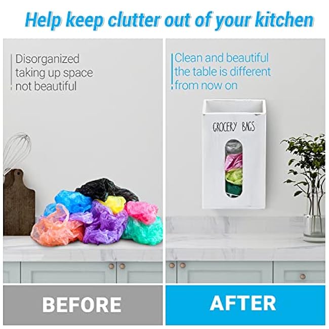 Farmhouse Grocery Bag Holder for Kitchen, Wooden Plastic Bags Holder for Supermarket shopping carrier Recycle, Wall Mounted Garbage Bag Dispenser with Extra-Wide & Easy-Access Openings, White