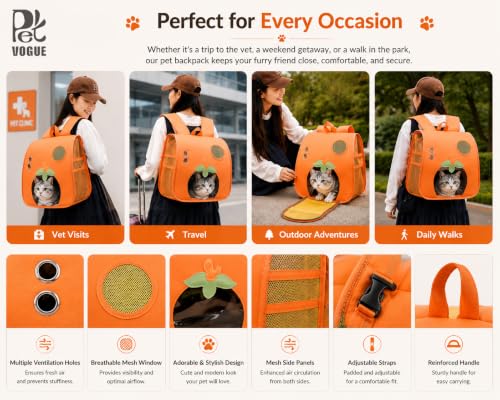 Image of PetVogue Cat Carrier Backpack for Cats & Small Pets, Breathable Pet Travel Backpack with Transparent Window, Ventilated Mesh, Adjustable Shoulder Straps, Soft-Sided Portable Pet Carrier Bag (Orange)