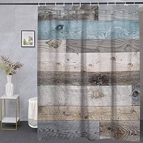 QCWN Rustic Shower Curtain,Blue Fabric Shower Curtain for Bathroom,Farmhouse Shower Curtain,Blue Grey Wood Barn Door Country Shower Curtain,Rustic Farmhouse Shower Curtains Bath Curtain for Bathroom Cover