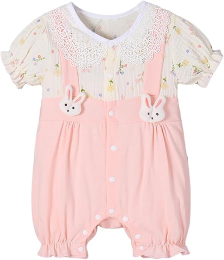 Hopscotch Girls Short Sleeves Pink Lace Collar Floral Cotton Romper