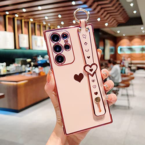 Phylla Compatible With Samsung Galaxy S23 Ultra 5G Phone Case With Aesthetic Cute Love Heart Wrist Strap Kickstand Luxury Plating Side Heart Pattern Cover Soft Shockproof Stand Holder Bumper (Pink) #TOP3