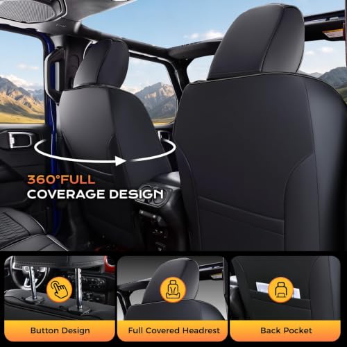 Image of Coverado Seat Covers for Jeep Wrangler, Black Front Waterproof Leather Car Automotive Seat Covers for Trucks Cushion, Wrangler JL Accessories Custom Fit for 2018-2026 Jeep Wrangler 4 Door