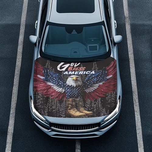Image of Car Hood Cover Elastic Polyester Car Hood Protector Auto Flag Veterans Day Decorations Auto Exterior Accessories for Compact Sedans SUV Pickup Trucks (American Flag Eagle Design)