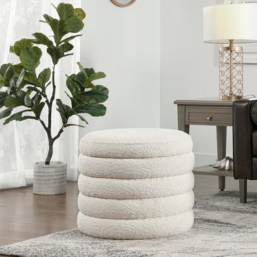 19 Inch Round Storage Ottoman Pouf, Oversized Upholstered Footrest with Hidden Storage, Bouclé Fabric, Modern Living Room Accent Seat (White) - Image 6
