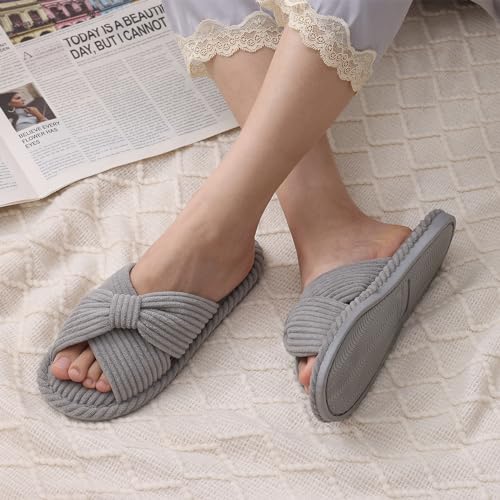 Image of Evshine Summer House Slippers for Women Corduroy Cross Bow Indoor Slippers Open Toe Slip On Bedroom Shoes with Memory Foam