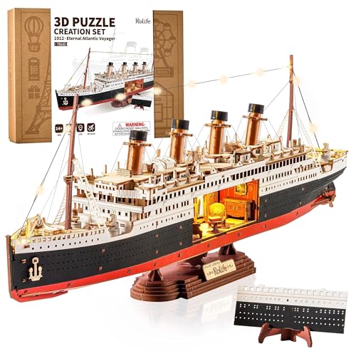 Rolife 3D Wooden Puzzles for Adults with LED Lights 433 Pieces 19.5 Titanic Model Ship Kits for Adults DIY Craft for Home Decor & Unique Birthday Valentines Day Gift