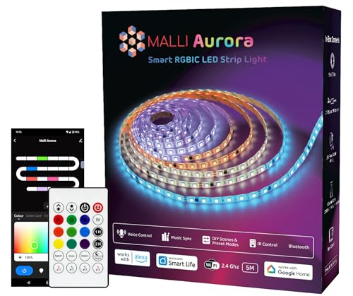 Samraj Technologies Malli Aurora Smart RGBIC LED Strip Light, 5m, Wi-Fi and Bluetooth, Works with Alexa and Google Assistant, App Control, Music Sync, Multicolour, IR Remote (5M)