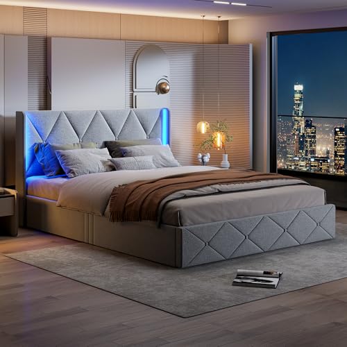 Mutuolux - Cama acolchada (160 x 200 cm, cama para 2 personas, cama con almacenamiento y baúl con LED con somier de madera y cabecera, color gris