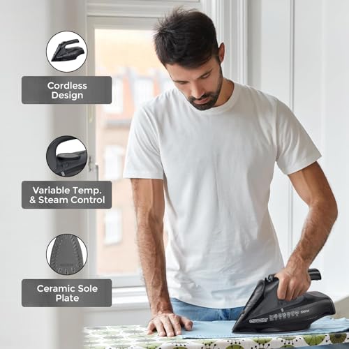 Image of Black+Decker Cordless Steam Iron,2200W,Quick Wrinkle-Free Ironing,Ceramic Sole,Powerful 30gm /min steam output|350 ml water tank|Anti-Calc,Anti-Drip & Auto Shut Off|2 Yr warranty(Black)