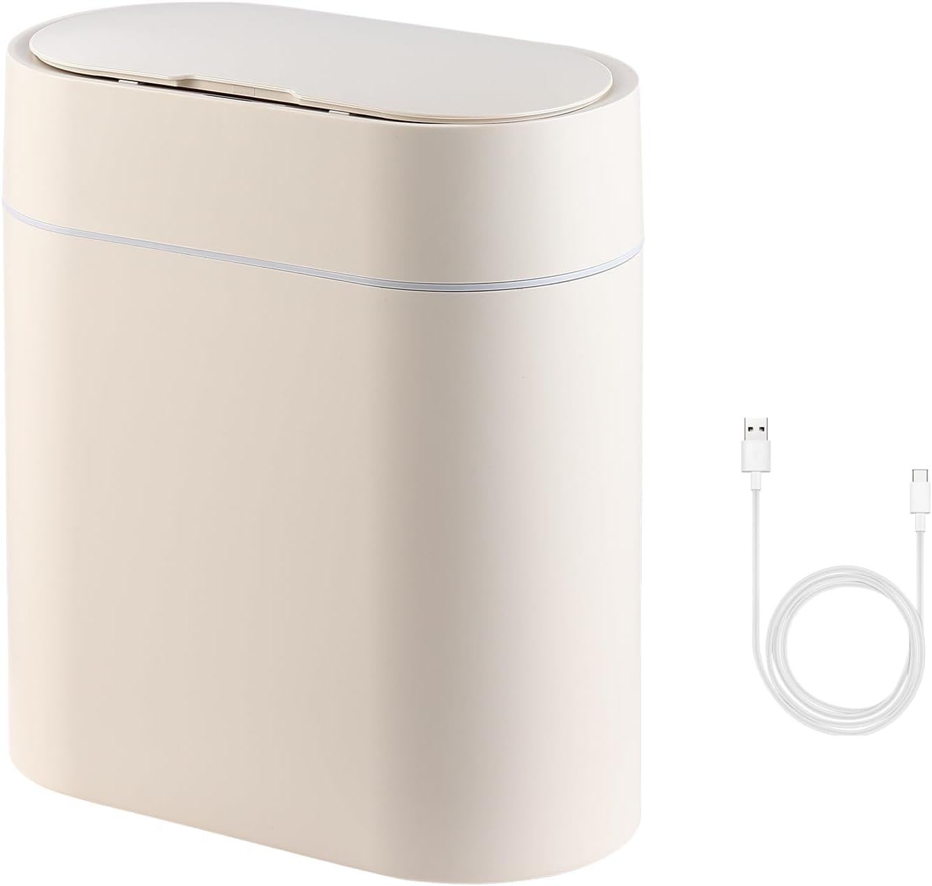ELPHECOBathroom Trash Can with Lid, 2.5 Gallon Automatic Trash Can, Motion Sensor Kitchen Trash Can, 9.5L Small Plastic Trash Can Bathroom, Slim Smart Trash Can, Rechargeable,Bag Suction, Cream White