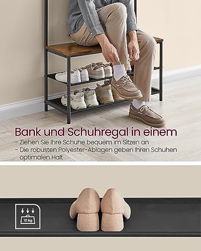 VASAGLE Garderobenständer, Garderobe mit Schuhbank, Kleiderständer, Kleiderstange, 9 abnehmbare Haken, 32,2 x 84 x 180 cm, Industrie-Stil, für Flur Schlafzimmer, vintagebraun-schwarz HSR421B01