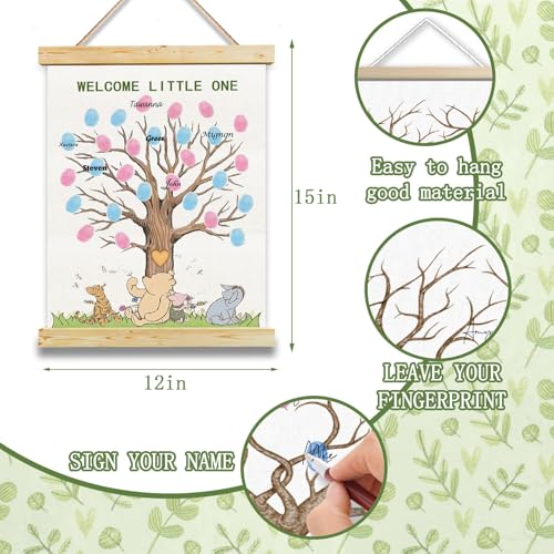 Image of QZCYU Winnie Baby Shower Decorations, Gender Reveal Party Decorations, Gender Reveal Fingerprint Tree,Boy or Girl Gender Reveal Supplies Fingerprint Tree Canvas