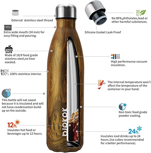 Image of BJPKPK Stainless Steel Water Bottles 25oz Insulated Water Bottles,Keep Cold for 24 Hours and Hot for 12 Hours,BPA Free,Teakwood