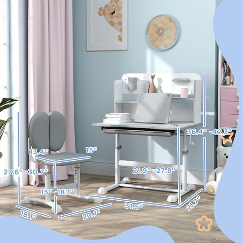 Qaba-Kids-Desk-and-Chair-Set-Height-Adjustable-Kids-School-Study-Desk-and-Chair-Set-with-Tilt-Desktop-Storage-Drawer-and-Reading-Rack-for-Writing-Reading-and-Drawing-Gray Qaba Kids Desk and Chair Set Height Adjustable Kids School Study Desk and Chair Set with Tilt Desktop Storage Drawer and Reading Rack for Writing Reading and Drawing Gray