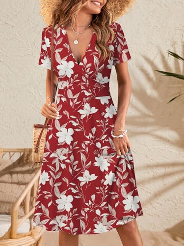 Image of MSBASIC Womens Summer Wrap V Neck Casual Dresses Floral Short Sleeve A-Line Midi Sundress