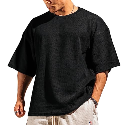 Herren Basic Kurzarm Waffel Sweatshirt Lockere Trainieren Zur Seite Fahren Rundhalsausschnitt Shirt Schwarz L