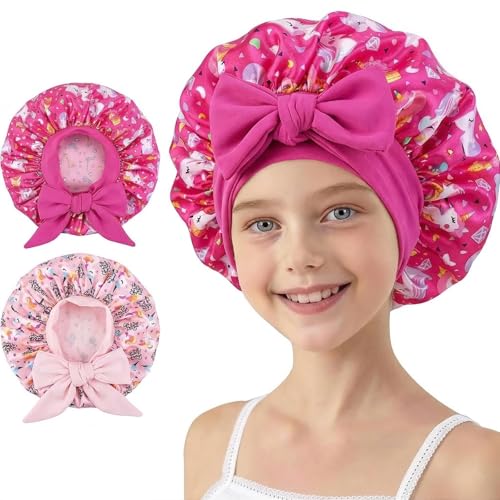 JILLICK Kids Satin Sleep Bonnet with Adjustable Band for Curly Hair Protection Girls Overnight Cap - Unicorn Print Night Hat Soft Skin-Friendly Frizz Control Tangle Prevention