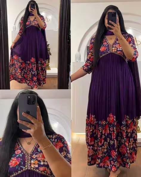 Image of KD Women's Anarkali Floral Printed Kurta Pant Set with Dupatta Anarkali Kurta for Women | Kurta Set | anarkali dress V-NACK kurtis set for women