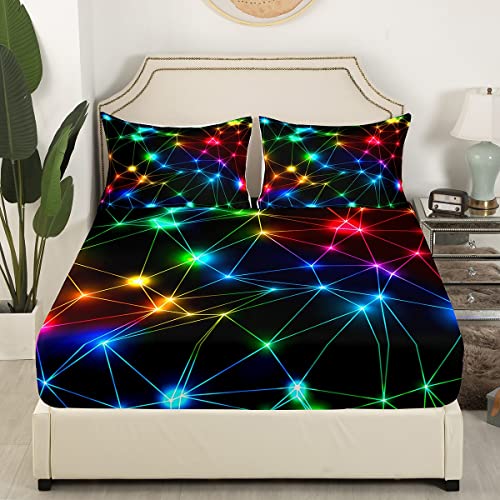 Rainbow Neon Lights Bed Sheet 4 Piece,Colorful Glowing Crossed Stripes Sheets Full Size Bed Set,Geometric Modern Bedding Set With Flat,Fitted Sheet,2 Pillow Cases #TOP2